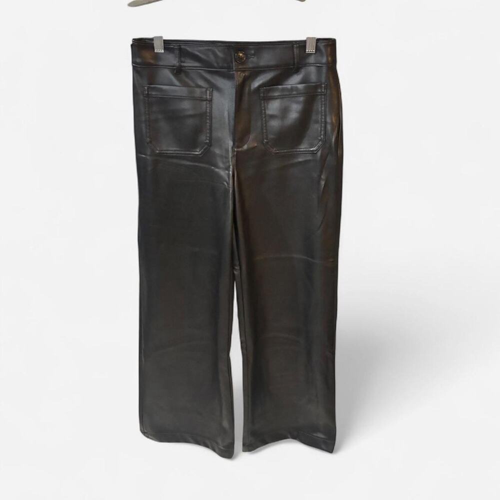 LOFT The Palmer Wide Leg Faux Leather Pants Black Front Patch Pockets Size 2